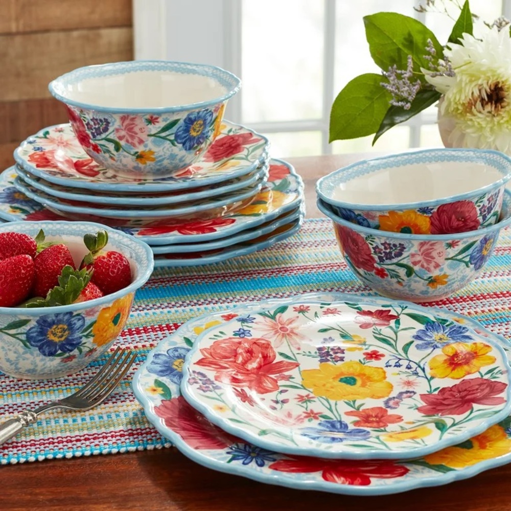 Brand New The Pioneer Woman Brilliant Blooms 12-Piece Stoneware Dinnerware Set